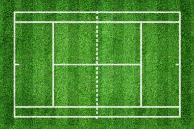 Beyaz çizgili çimen tenis sahası. Spor geçmişi için bir temel. Üst görünüm.