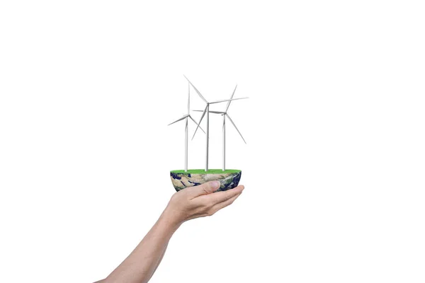 Концепция Экологической Энергии Ветряные Турбины Глобус Руке Человека Изолированы Белом — стоковое фото