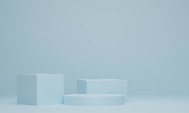 Mavi pastel arka planda podyum sahnesi. Geometrik şekil. Geometrik şekilli soyut sahne. 3d oluşturma.