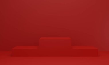 Ürün göstermek için boş kırmızı platform. Kırmızı stüdyo odasında podyum. 3d hazırlayıcı