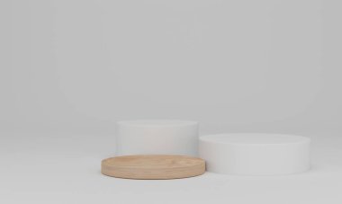 3D görüntüleme. Beyaz arka planda ahşap podyum. Geometrik ile soyut asgari sahne. Gösterge, ürün sunumu için kaldırım veya platform, maket yapın, kozmetik ürünü göster
