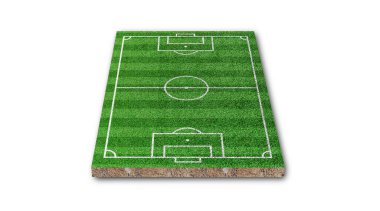 Üç boyutlu görüntüleme. Futbol çimenliği, yeşil çimen futbol sahası, beyaz arka planda izole..