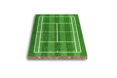 Tenis kortu beyaz arka planda izole edilmiş. Yeşil çimen gerçekçi. 3B görüntüleme
