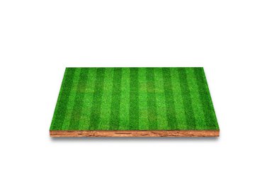 Kübik toprak kesiti, futbol sahası, yeşil çimenler, beyaz arka planda izole edilmiş. 3B Hazırlama.
