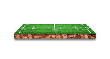 Beyaz arka planda çimen futbol sahası olan toprak kesiti. 3B Hazırlama.