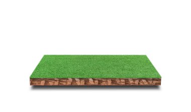 Yeşil çimen alanı beyaz arkaplanda izole edilmiş toprak kübik kesiti.