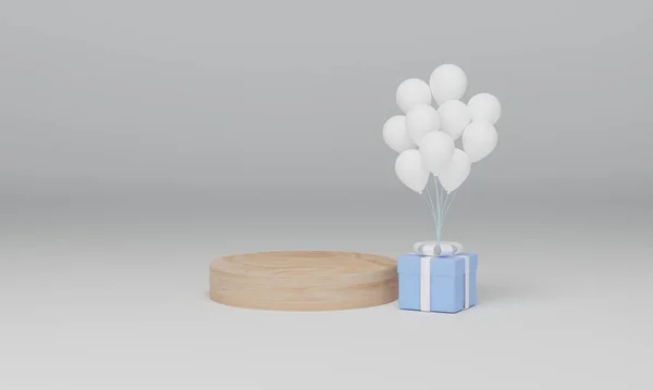 Holzpodeste Und Geschenkbox Mit Luftballon Auf Weißem Hintergrund Abstrakte Minimalszene — Stockfoto