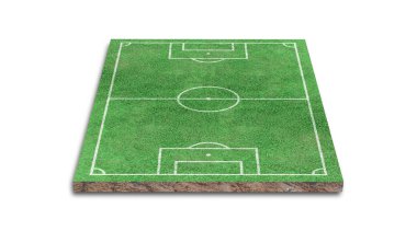 Üç boyutlu görüntüleme. Yeşil çimen futbol sahası beyaz arkaplanda izole.
