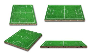 Üç boyutlu görüntüleme. Beyaz arka planda izole edilmiş yeşil çimen ya da çim futbol sahası koleksiyonu. Farklı perspektif