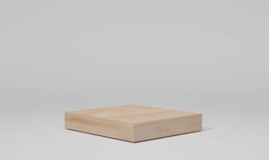 Beyaz arka planda ahşap podyumlar. Geometrik şekilli soyut kaide sahnesi. 3d oluşturma