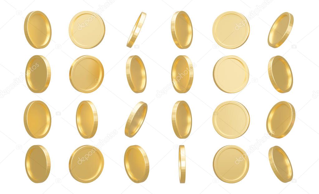 3D Render. Set of gold coins isolated on background in different positions. Bank or financial illustration