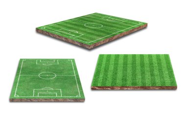 Üç boyutlu görüntüleme. Beyaz arka planda izole edilmiş yeşil çimen futbol sahası koleksiyonu. Farklı perspektif