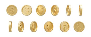 Üç boyutlu çizim. Farklı pozisyonlarda arka planda izole edilmiş dolar sikkeleri koleksiyonu.