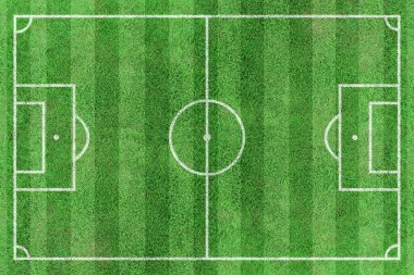 Top view çizgili çim futbol sahası. Beyaz çizgiler desenli yeşil çimen.