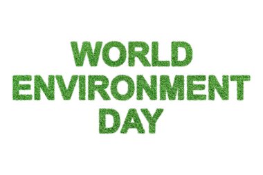 Dünya Çevre Günü metni, beyaz arkaplanda izole edilmiş yeşil çimlerden yapılan alfabe.