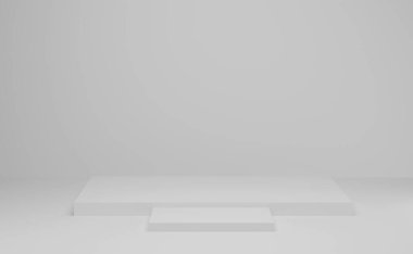 3 boyutlu görüntüleme. Boş podyum ya da beyaz arkaplanda kaide görüntüsü. Boş ürün rafı ayakta duruyor. Geometrik ile soyut asgari sahne.