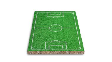 Üç boyutlu görüntüleme. Futbol çimenliği, yeşil çimen futbol sahası, beyaz arka planda izole..