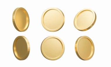 3D Render. Set of gold coins isolated on background in different positions. Bank or financial illustration clipart