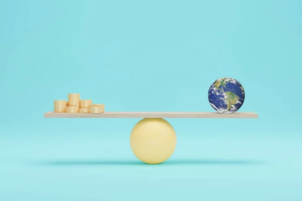 Earth globe vs coin on scales 3D illustration. Balance on scale. Elements of this image furnished by NASA