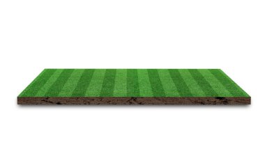 Üç boyutlu görüntüleme. Çizgili çimen futbol sahası, yeşil çimen futbol sahası, beyaz arka planda izole edilmiş..