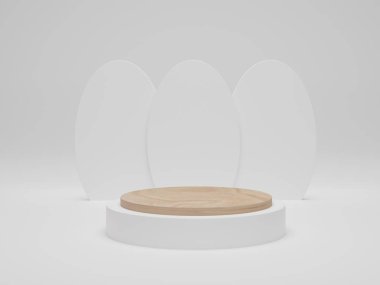Beyaz arka planda ahşap podyum. Kozmetik ürün gösterimi için hazırlanın. Geometrik formlarla soyut asgari sahne. 3d hazırlayıcı