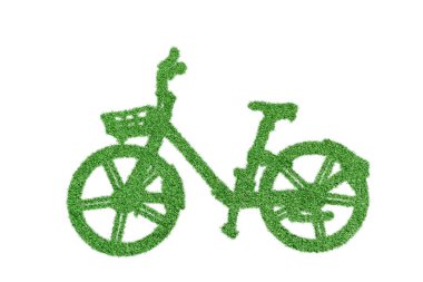 Çimlerden yapılan yeşil bisiklet kesme yolu olan beyaz arka planda izole edilmiş. Ekoloji kavramı.