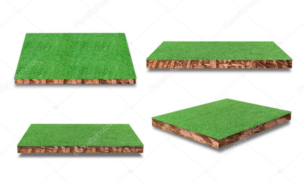 Collection of Soil cubic cross section with green grass field isolated on white background.