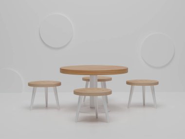 Ahşap sandalyeli ve masalı soyut minimalist yemek odası. Soyut asgari sahne yemek odası tasarımı. 3B görüntüleme, 3B illüstrasyon