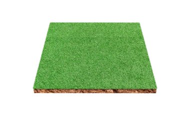 Toprak kübik jeoloji kesiti ve yeşil çimen alanı kesme yolu ile beyaza izole edilmiş. Spor alanı geçmişi.