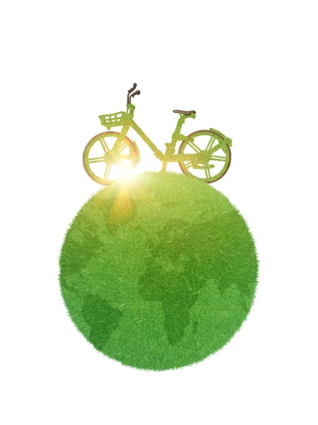 Bicicleta Verde Dirigindo Planeta Isolado Fundo Branco Conceito Ambiente Ecologia — Fotografia de Stock