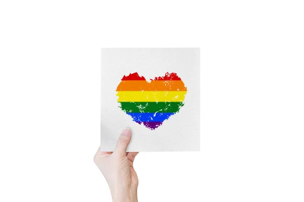 Ruce Držící Papír Tvaru Srdce Lgbtq Barvy Izolované Bílém Transgender — Stock fotografie