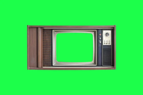 Vintage Television Green Screen Isolated Green Background Clipping Path — Stock Photo, Image