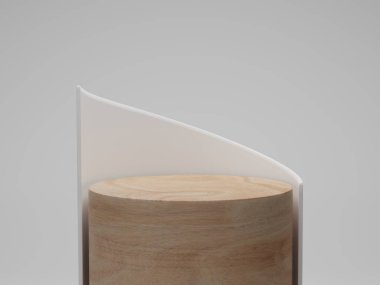 3 boyutlu görüntüleme. Soyut geometrik arka plan, silindir podyum, modern minimalist model. Beyaz zemin üzerinde ahşap podyum.