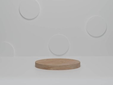 Beyaz platformda arka plan ürünleri minimum ahşap podyum. Beyaz arka planı olan soyut minimalizm. 3d görüntüleme, 3d illüstrasyon