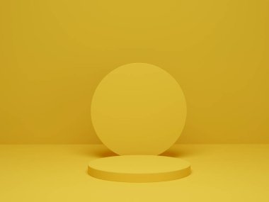 3 boyutlu görüntüleme. Sarı silindir platformu minimum arkaplan. Görüntü ürünü sunumu için soyut geometrik şekiller podyumu.