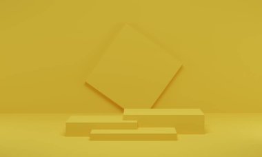 3 boyutlu görüntüleme. Ürün tanıtımı için sarı sahne geometrik şekil podyumu. Boş alanı olan soyut minimalist tasarım.