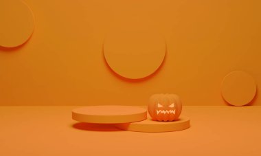 3 boyutlu görüntüleme. Cadılar Bayramı arkaplanı için balkabağı ve podyum sahnesi. Ürün görüntüleme için soyut geometrik şekil kaidesi