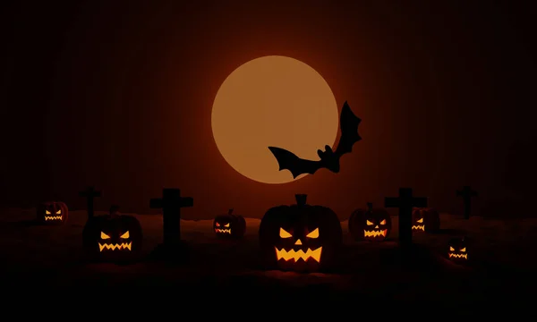 Halloween Pumpkins Cemetery Flying Bat Moonlight Spooky Night Rendering — Stock Photo, Image