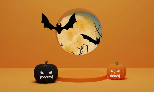 Rendering Pumpkin Flying Bat Podium Minimal Scene Halloween Background Abstract — Stock Photo, Image