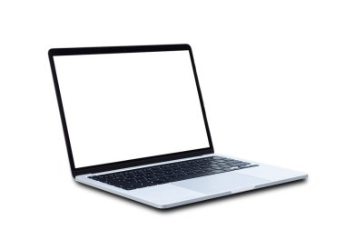 Boş ekranlı dizüstü bilgisayar beyaz arkaplanda izole edildi.
