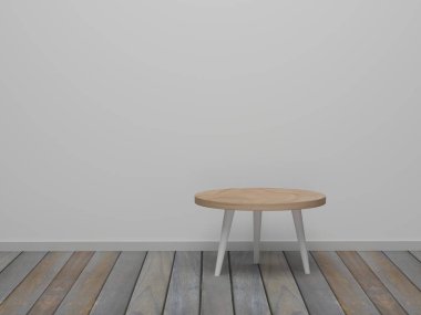 Ahşap masalı soyut minimalist boş oda. Soyut asgari sahne yemek odası tasarımı. 3B görüntüleme, 3B illüstrasyon