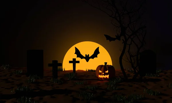 Calabazas Halloween Con Cementerio Murciélago Volador Luz Luna Espeluznante Noche — Foto de Stock