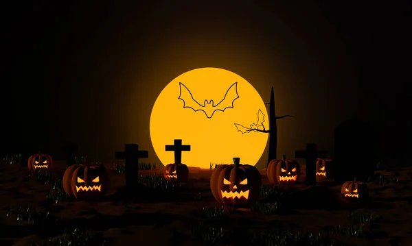 Halloween Pumpkins Cemetery Flying Bat Moonlight Spooky Night Rendering — Stock Photo, Image