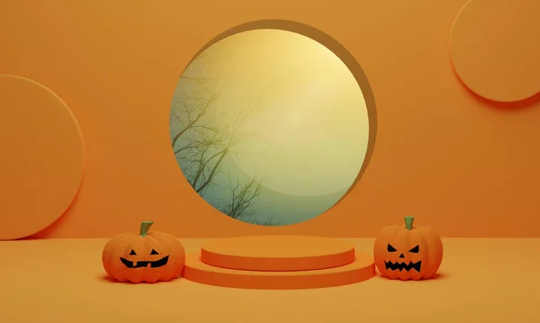 Pumpa Halloween Jack Lykta Orange Bakgrund Abstrakt Podium Visa Upp — Stockfoto