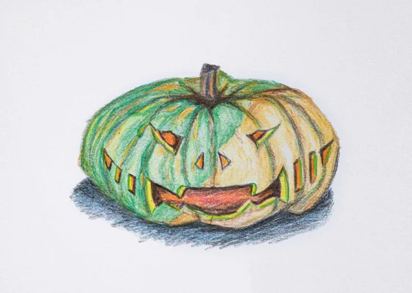 Handgezeichnetes Kürbis Halloween Auf Weißem Papierhintergrund Bildzeichnung Von Buntstiften — Stockfoto