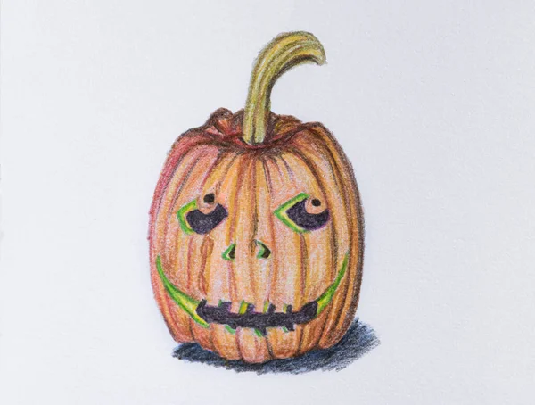 Handgezeichnetes Kürbis Halloween Auf Weißem Papierhintergrund Bildzeichnung Von Buntstiften — Stockfoto