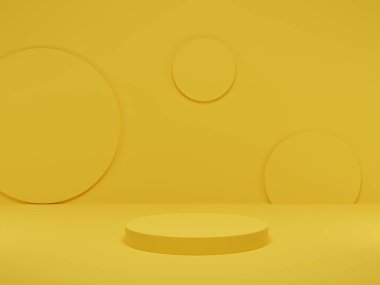 3 boyutlu görüntüleme. Sarı silindir podyum stüdyo arka planı çok az. Boş alanı olan soyut geometrik şekil platformu.