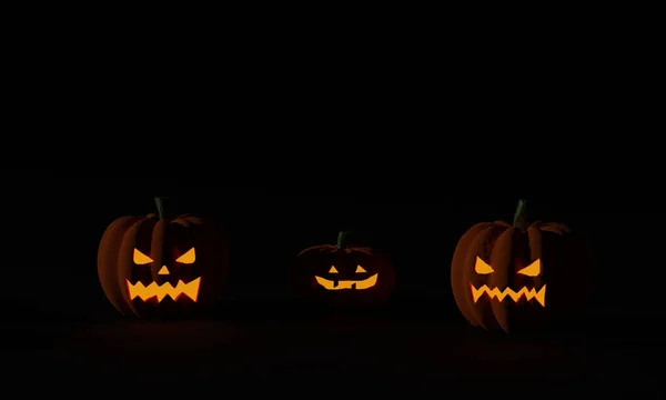 Halloween Pumpa Och Jack Lyktor Ljus Mörk Bakgrund Rendering — Stockfoto