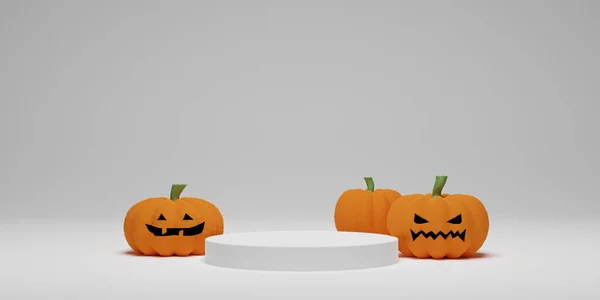 Halloween Pumpa Med Piedestalpodium Vit Bakgrund Abstrakt Geometrisk Minimal Scen — Stockfoto