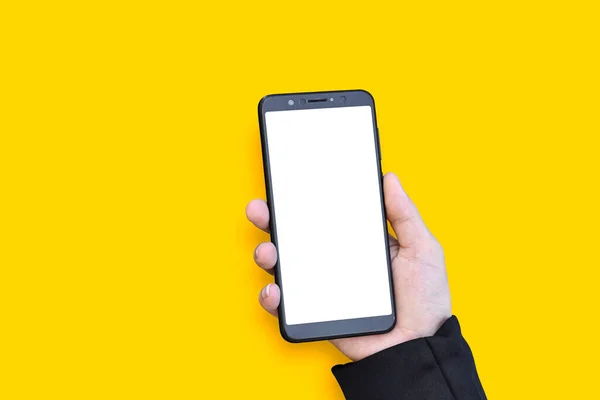 Mãos Segurar Smartphone Móvel Com Tela Branco Fundo Amarelo Mockup — Fotografia de Stock